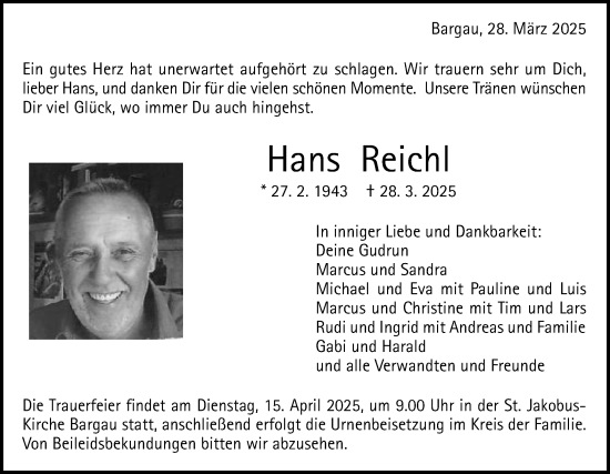 Traueranzeige von Hans Reichl von Gmünder Tagespost