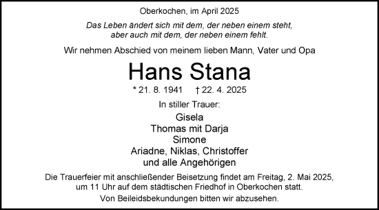Traueranzeige von Hans Stana von Schwäbische Post