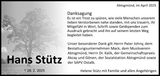 Traueranzeige von Hans Stütz von Schwäbische Post