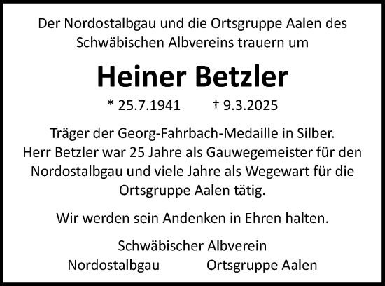 Traueranzeige von Heiner Betzler von Schwäbische Post