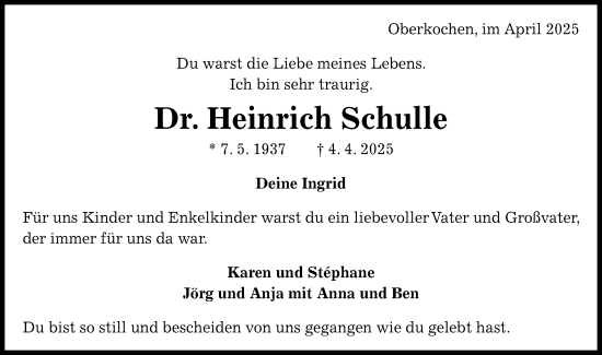 Traueranzeige von Heinrich Schulle von Schwäbische Post