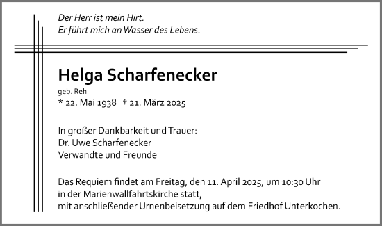 Traueranzeige von Helga Scharfenecker von Schwäbische Post