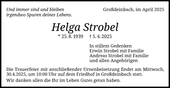 Traueranzeige von Helga Strobel von Gmünder Tagespost