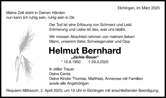 Traueranzeige von Helmut Bernhard von Schwäbische Post