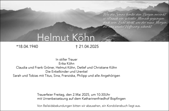 Traueranzeige von Helmut Köhn von Schwäbische Post