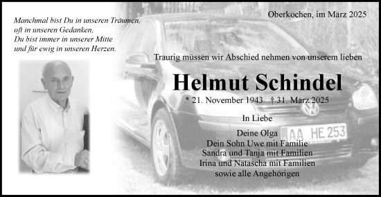 Traueranzeige von Helmut Schindel von Schwäbische Post