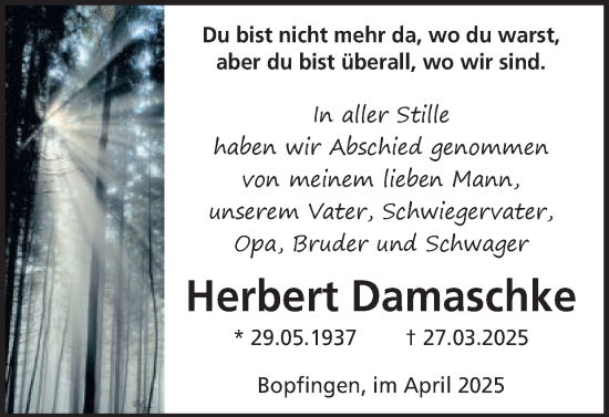 Traueranzeige von Herbert Damaschke von Schwäbische Post