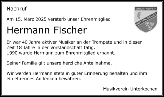 Traueranzeige von Hermann Fischer von Schwäbische Post