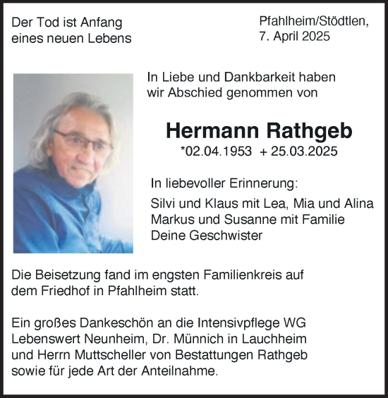 Traueranzeige von Hermann Rathgeb von Schwäbische Post
