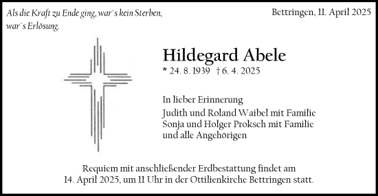 Traueranzeige von Hildegard Abele von Gmünder Tagespost