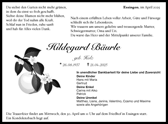 Traueranzeige von Hildegard Bäurle von Schwäbische Post