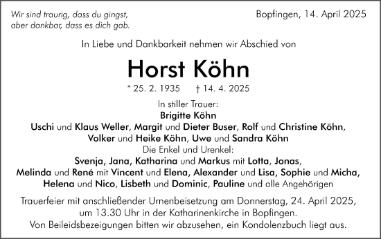 Traueranzeige von Horst Köhn von Schwäbische Post
