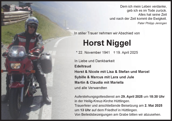 Traueranzeige von Horst Niggel von Schwäbische Post