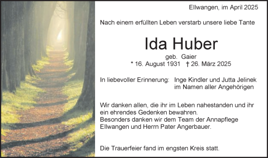 Traueranzeige von Ida Huber von Schwäbische Post