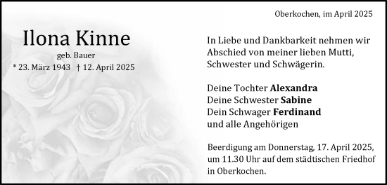 Traueranzeige von Ilona Kinne von Schwäbische Post