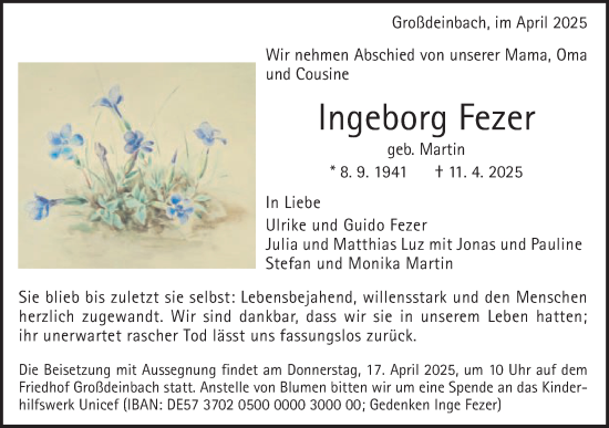 Traueranzeige von Ingeborg Fezer von Gmünder Tagespost