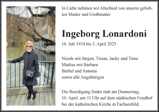 Traueranzeige von Ingeborg Lonardoni von Schwäbische Post