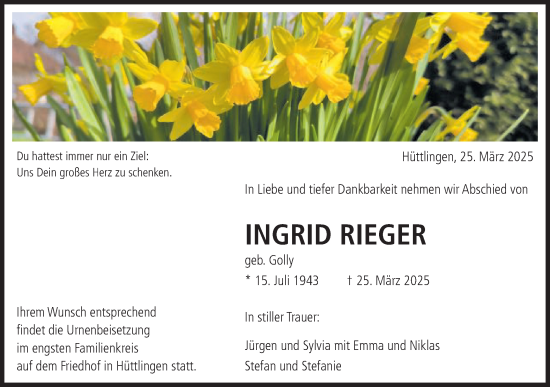 Traueranzeige von Ingrid Rieger von Schwäbische Post