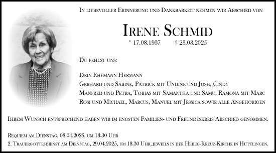 Traueranzeige von Irene Schmid von Schwäbische Post