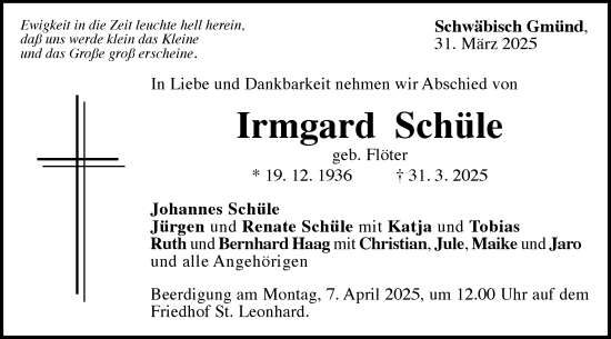 Traueranzeige von Irmgard Schüle von Gmünder Tagespost
