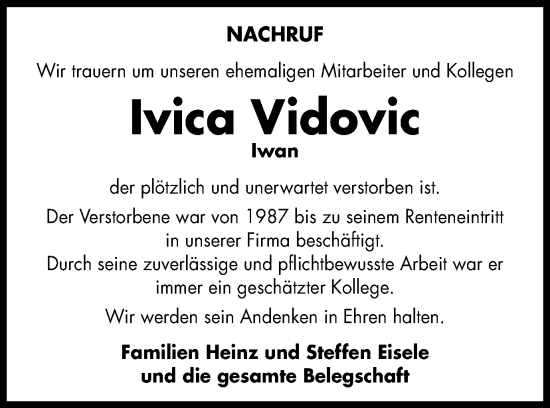 Traueranzeige von Ivica Vidovic von Schwäbische Post