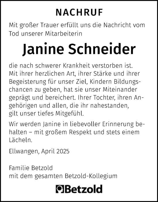 Traueranzeige von Janine Schneider von Schwäbische Post