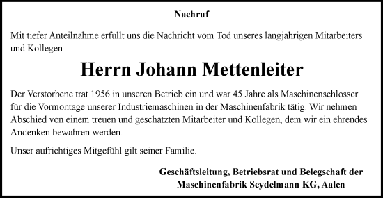 Traueranzeige von Johann Mettenleiter von Schwäbische Post