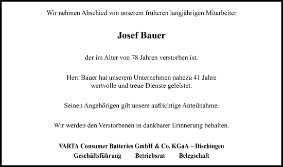 Traueranzeige von Josef Bauer von Schwäbische Post