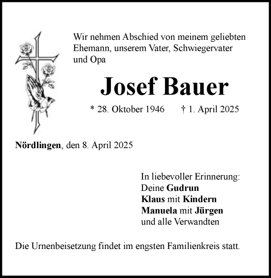Traueranzeige von Josef Bauer von Schwäbische Post