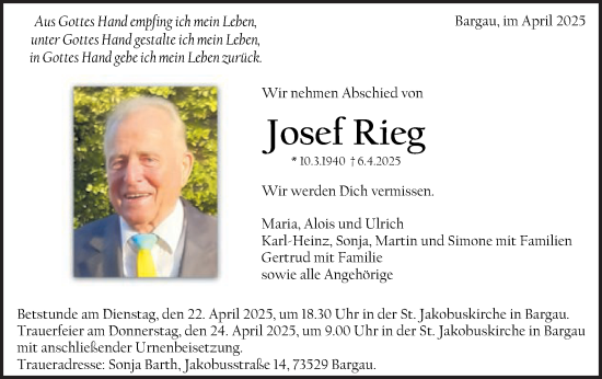 Traueranzeige von Josef Rieg von Gmünder Tagespost