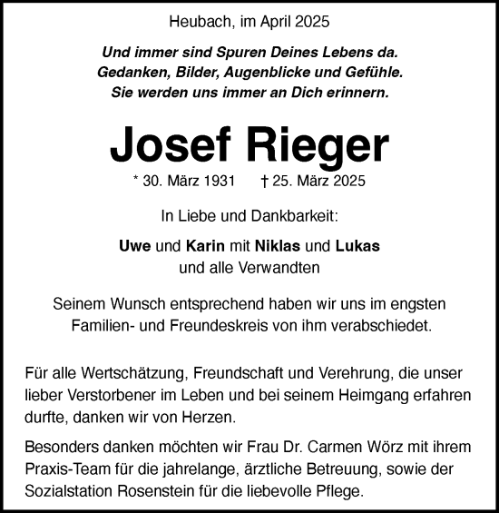 Traueranzeige von Josef Rieger von Gmünder Tagespost