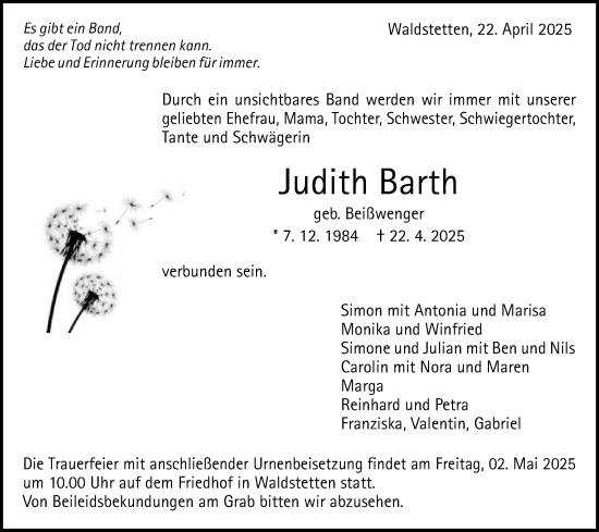 Traueranzeige von Judith Barth von Gmünder Tagespost
