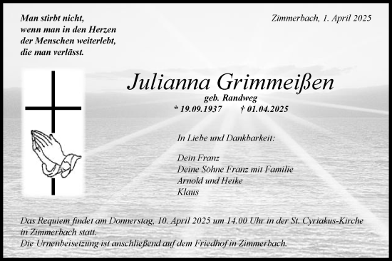 Traueranzeige von Julianna Grimmeißen von Gmünder Tagespost