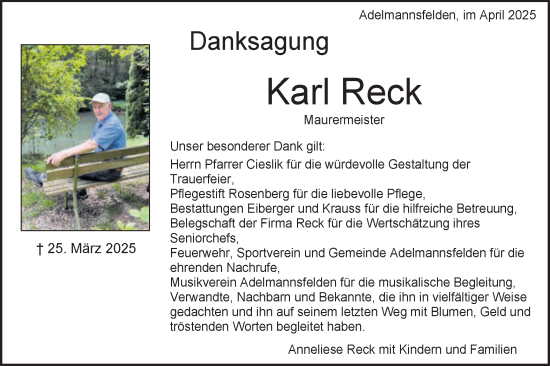Traueranzeige von Karl Reck von Schwäbische Post
