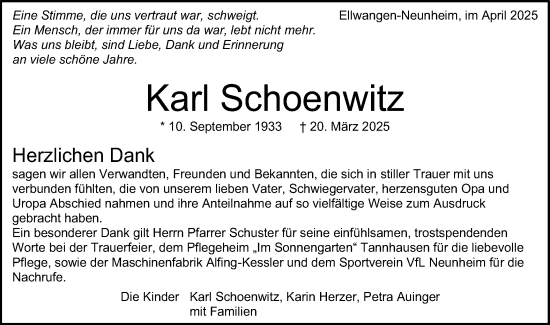 Traueranzeige von Karl Schoenwitz von Schwäbische Post