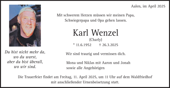 Traueranzeige von Karl Wenzel von Schwäbische Post