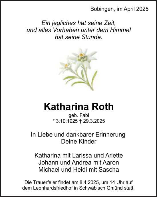 Traueranzeige von Katharina Roth von Gmünder Tagespost