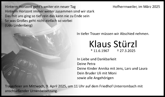 Traueranzeige von Klaus Stürzl von Schwäbische Post