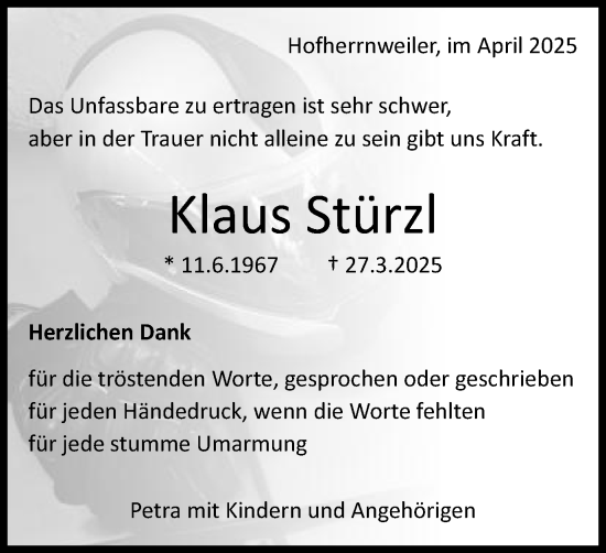 Traueranzeige von Klaus Stürzl von Schwäbische Post
