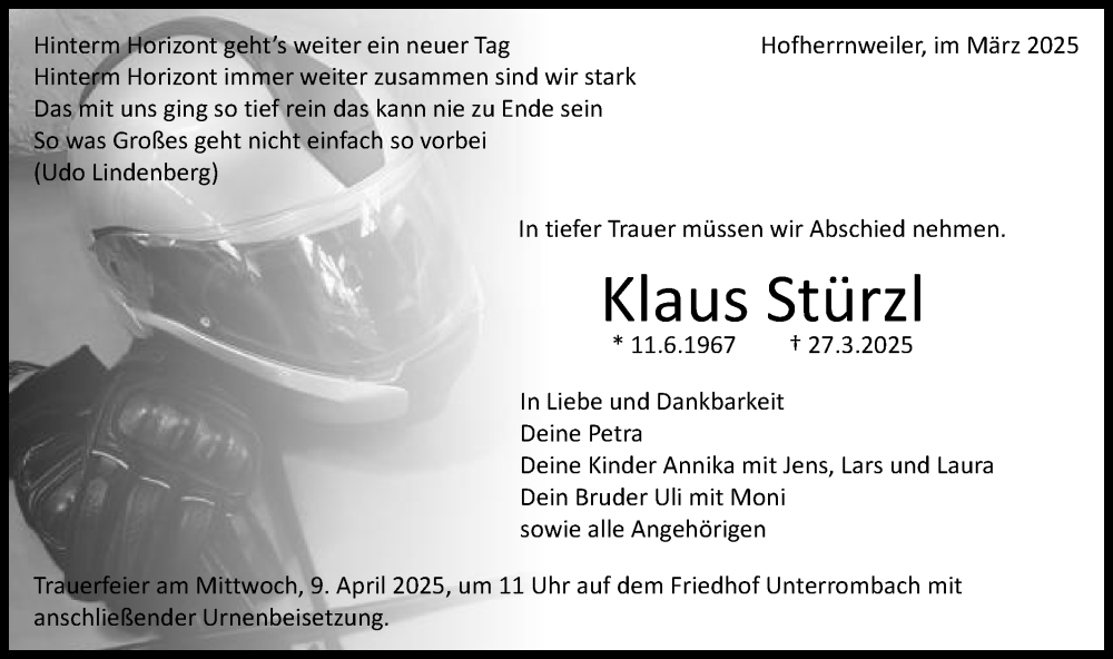  Traueranzeige für Klaus Stürzl vom 03.04.2025 aus Schwäbische Post