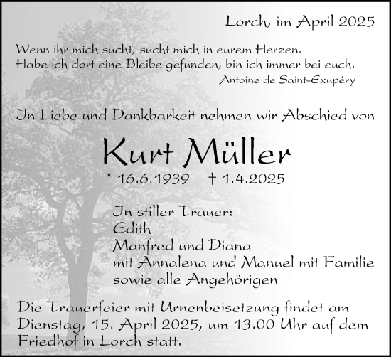 Traueranzeige von Kurt Müller von Gmünder Tagespost