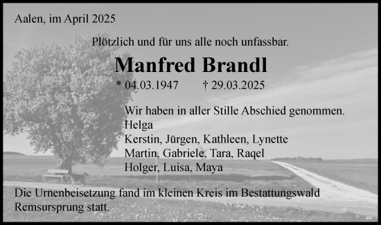 Traueranzeige von Manfred Brandl von Schwäbische Post