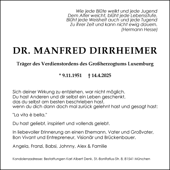 Traueranzeige von Manfred Dirrheimer von Schwäbische Post