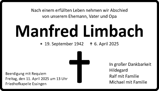Traueranzeige von Manfred Limbach von Schwäbische Post