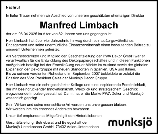 Traueranzeige von Manfred Limbach von Schwäbische Post