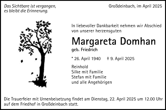 Traueranzeige von Margareta Domhan von Gmünder Tagespost