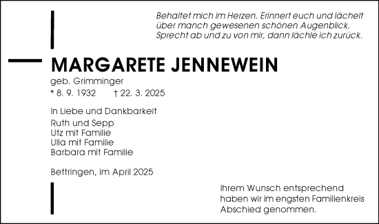 Traueranzeige von Margarete Jennewein von Gmünder Tagespost