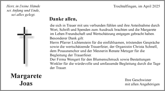 Traueranzeige von Margarete Joas von Schwäbische Post