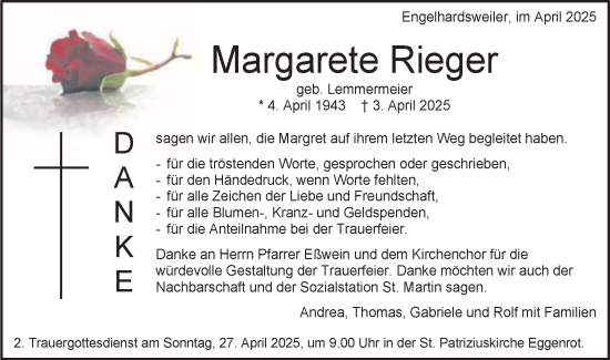 Traueranzeige von Margarete Rieger von Schwäbische Post