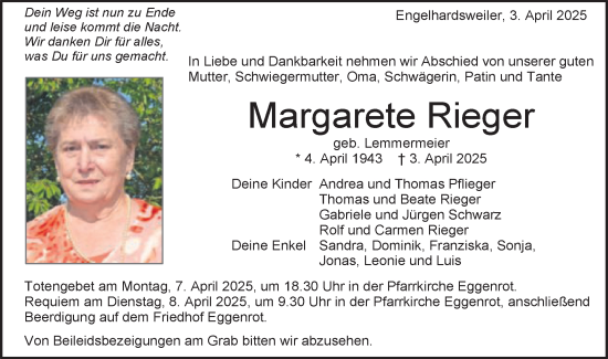 Traueranzeige von Margarete Rieger von Schwäbische Post